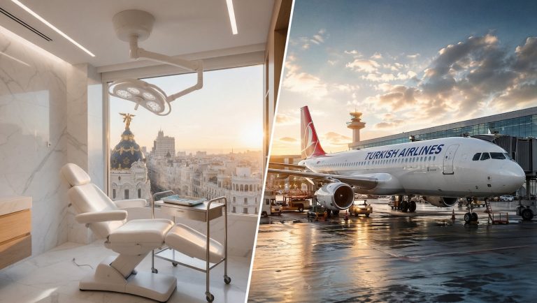 Imagen dividida: sala de injerto capilar en Madrid con vistas al Edificio Metrópolis y avión comercial en el aeropuerto, comparativa entre Madrid y Turquía