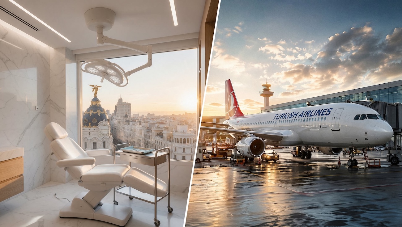 Imagen dividida: sala de injerto capilar en Madrid con vistas al Edificio Metrópolis y avión comercial en el aeropuerto, comparativa entre Madrid y Turquía