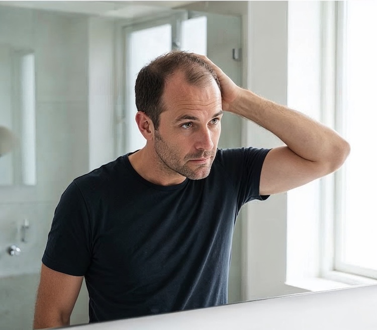 Hombre de mediana edad observando los signos de alopecia en el espejo antes de dar el paso de buscar una clínica capilar en Madrid