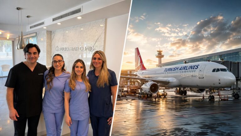 Imagen dividida que muestra a la izquierda al equipo médico de Folika Hair Clinic en Madrid y a la derecha un avión comercial, ilustrando la comparativa y los riesgos entre operarse en España o viajar a Turquía para un injerto capilar.