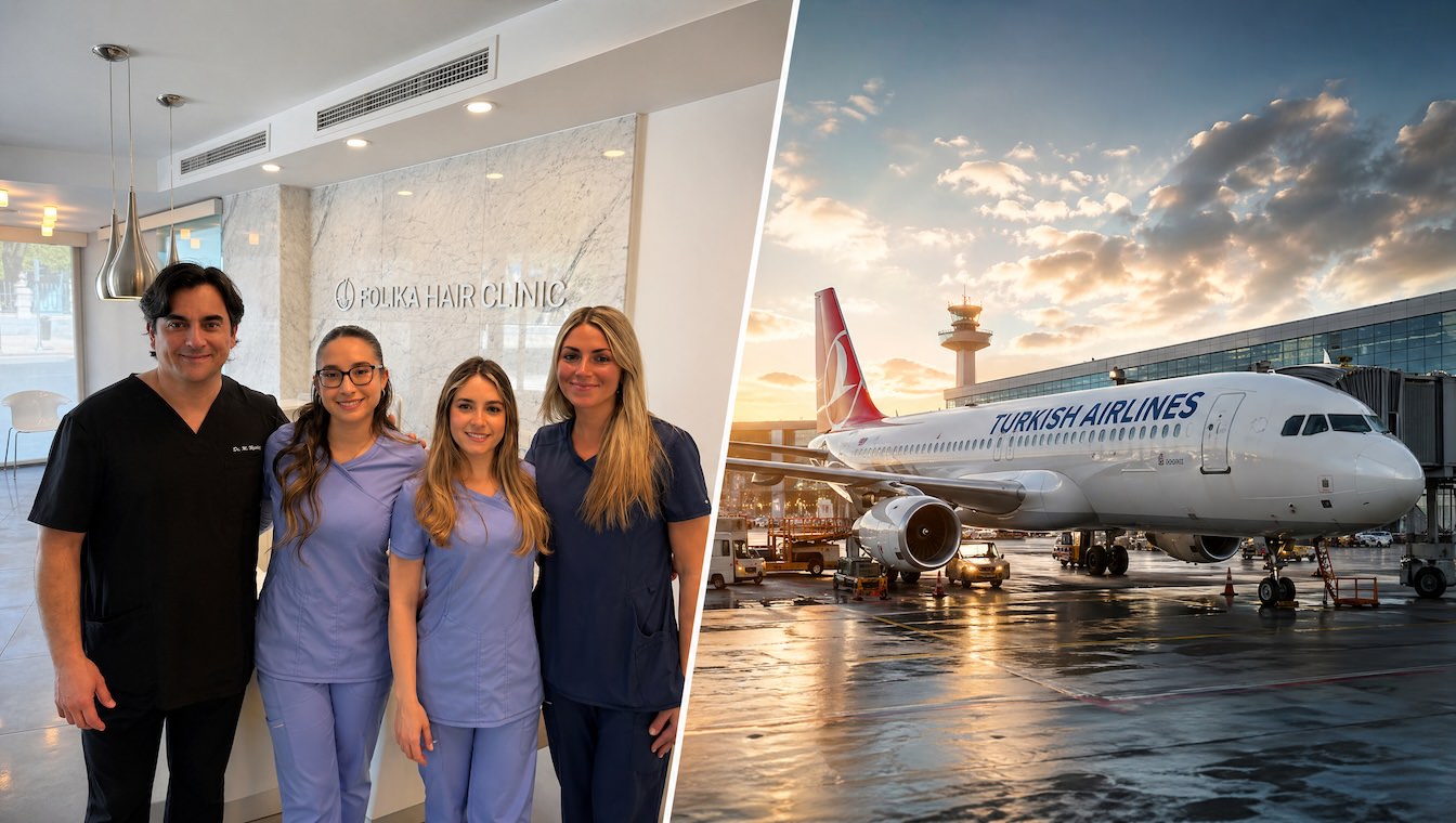 Imagen dividida que muestra a la izquierda al equipo médico de Folika Hair Clinic en Madrid y a la derecha un avión comercial, ilustrando la comparativa y los riesgos entre operarse en España o viajar a Turquía para un injerto capilar.