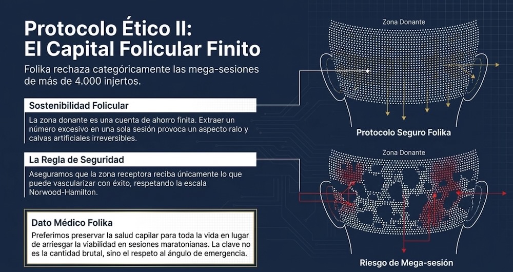 Folika rechaza realizar un injerto capilar de mega-sesiones para cuidar y asegurar la zona donante del paciente