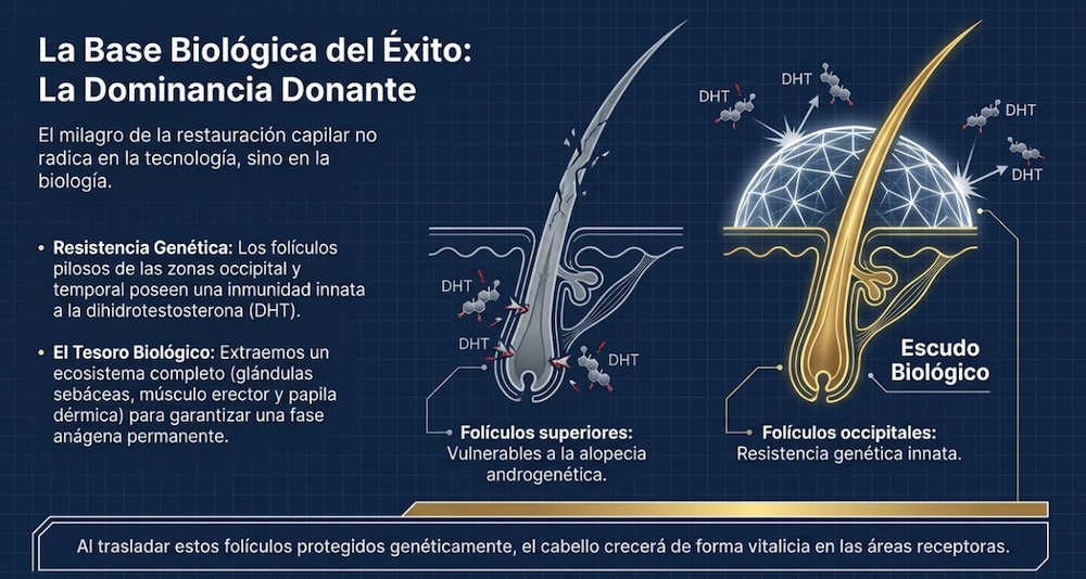La base biológica de la restauración capilar. Dominancia donante y DHT. Técnica FUE vs DHI injerto capilar en Madrid
