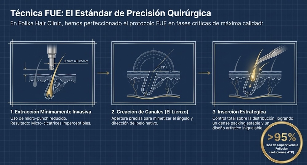 Técnica FUE para injerto capilar en Madrid. El estándar de precisión quirúrgica en Folika Hair Clinic