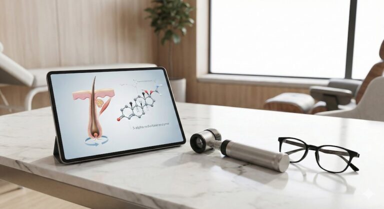 Primer plano de un escritorio médico de mármol en una clínica capilar premium en Madrid. Una tablet muestra un diagrama científico 3D del folículo piloso y la estructura molecular de la enzima 5-alfa reductasa, clave en el tratamiento con finasterida y dutasterida. Al lado hay un dermatoscopio de precisión y unas gafas de doctor.