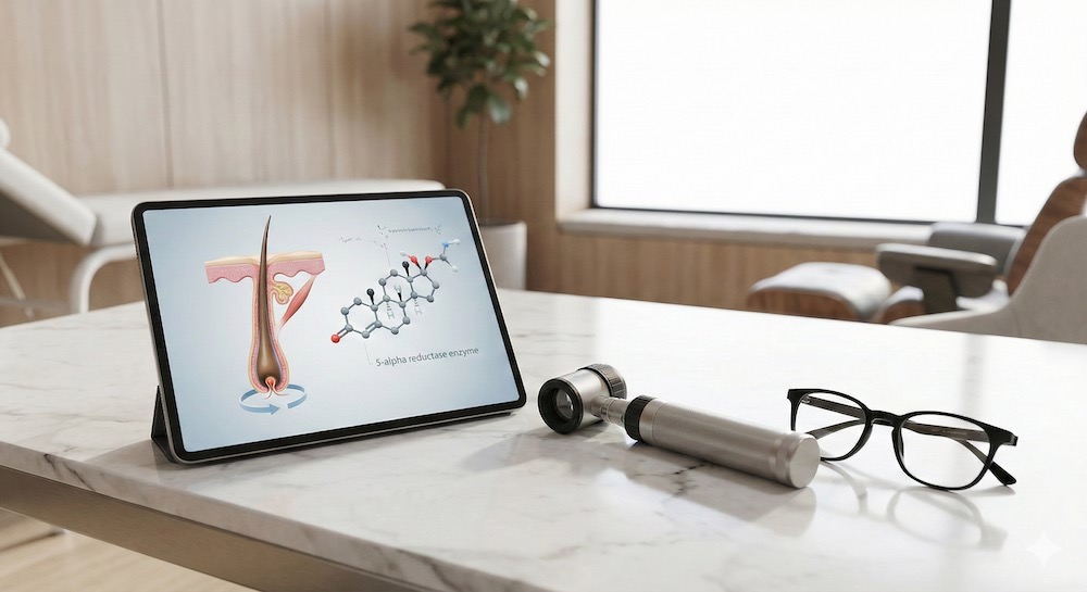 Primer plano de un escritorio médico de mármol en una clínica capilar premium en Madrid. Una tablet muestra un diagrama científico 3D del folículo piloso y la estructura molecular de la enzima 5-alfa reductasa, clave en el tratamiento con finasterida y dutasterida. Al lado hay un dermatoscopio de precisión y unas gafas de doctor.