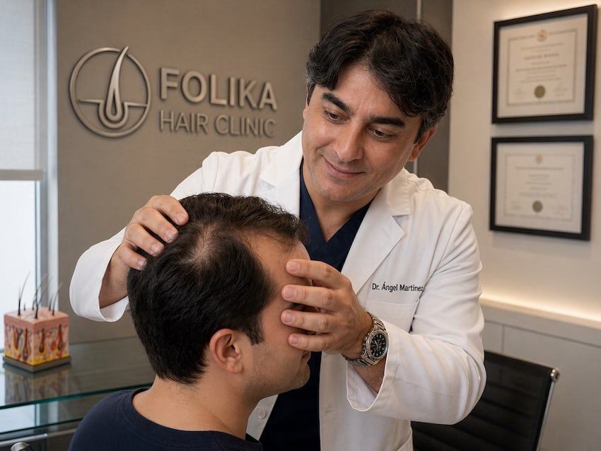El Dr. Ángel Martínez examinando minuciosamente el cuero cabelludo de un paciente durante una consulta de diagnóstico capilar en las instalaciones de Folika Hair Clinic en Madrid.