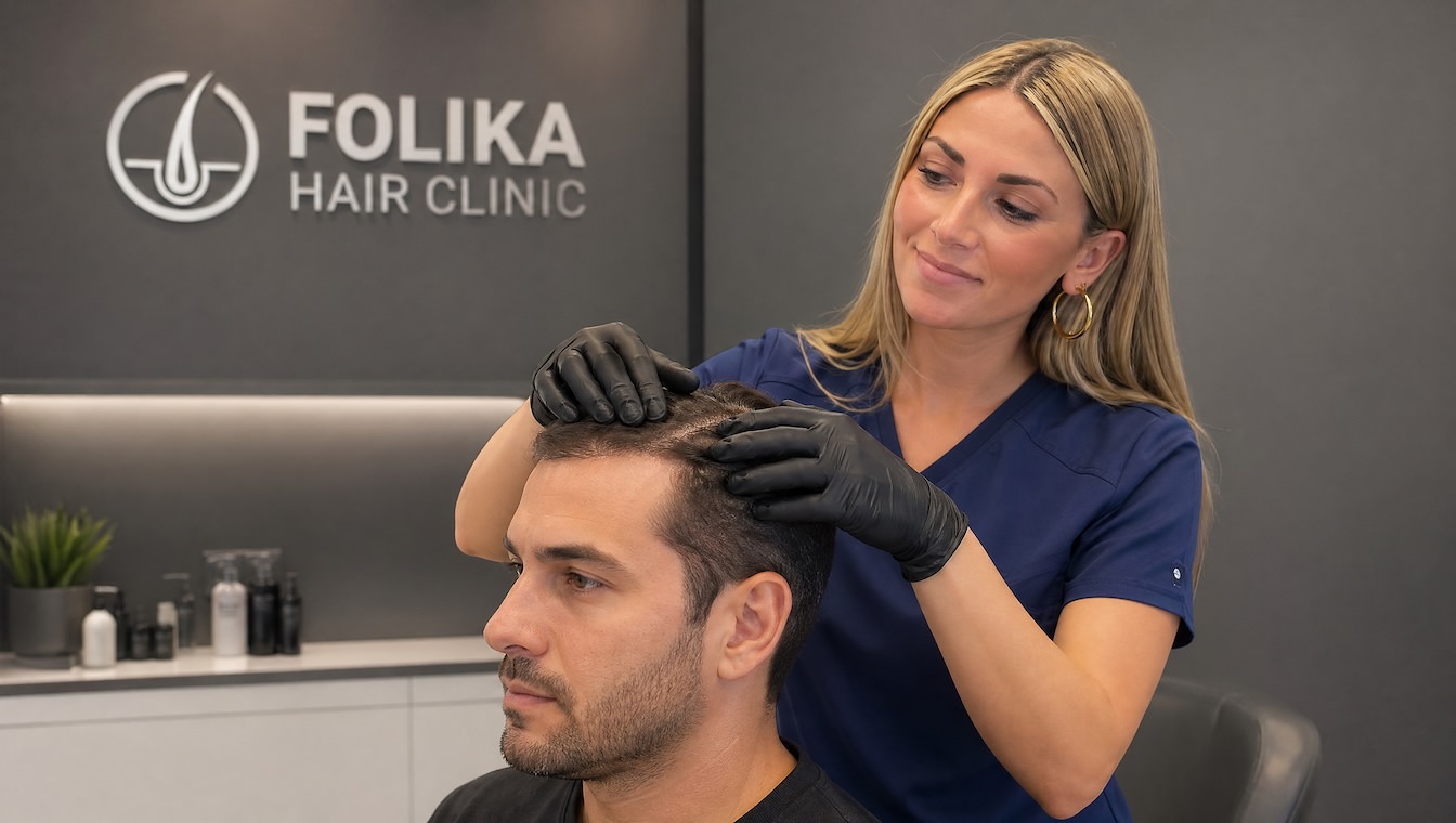 Enfermera especializada de Folika Hair Clinic revisando cuidadosamente el cuero cabelludo de un paciente durante su consulta de seguimiento postoperatorio de injerto capilar en Madrid.