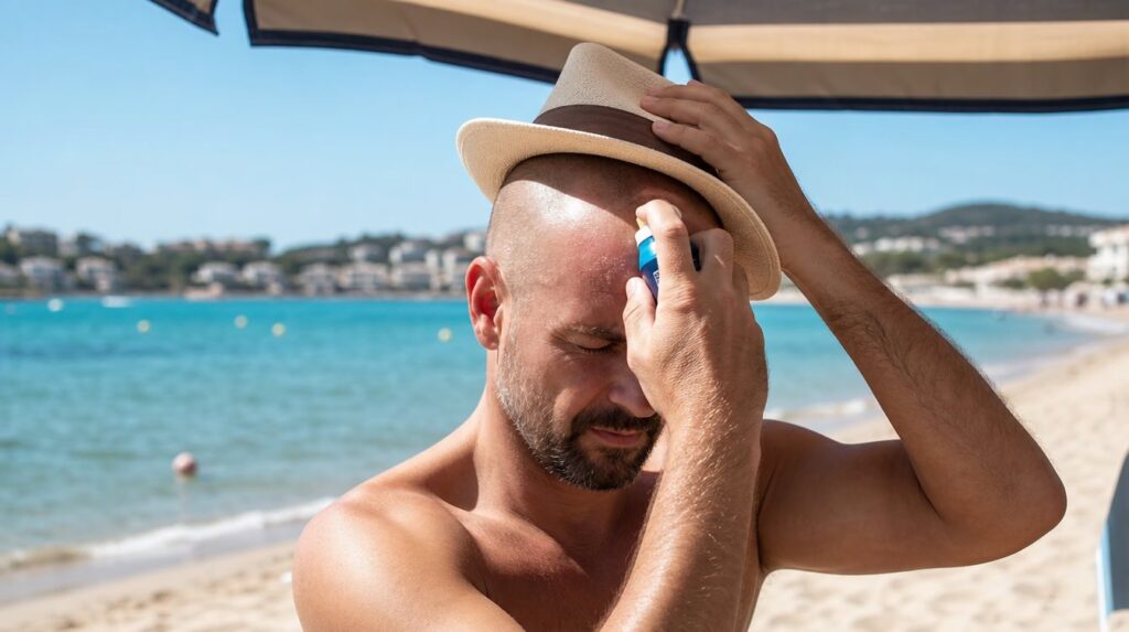 Paciente aplicando protector solar en su cuero cabelludo bajo una sombrilla en la playa, mostrando los cuidados de protección frente al sol recomendados tras un injerto capilar.