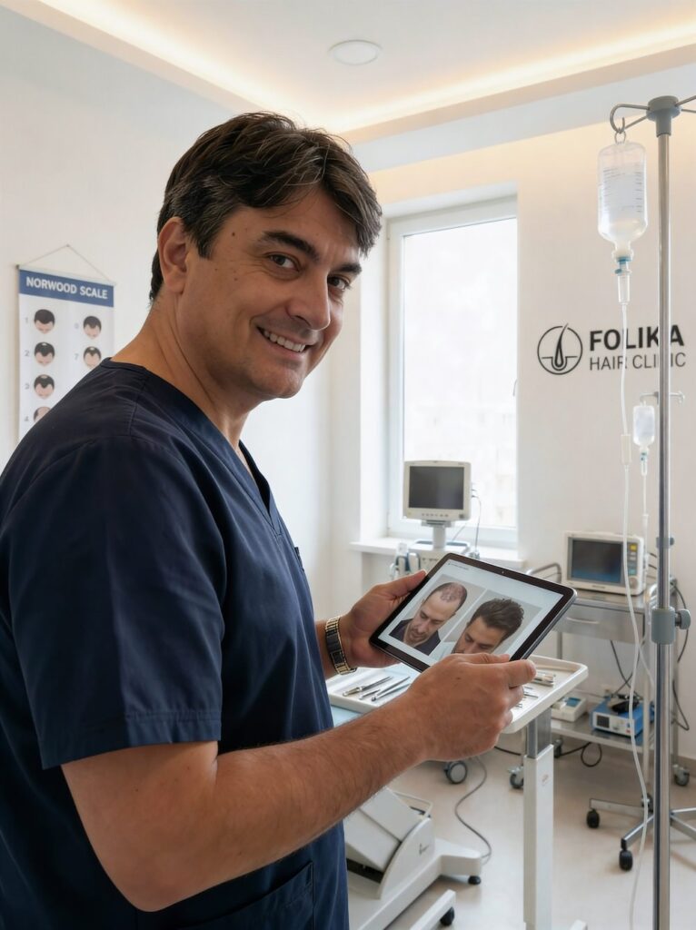 Dr. Angel-Martinez-Gonzalez-Cirujano-Medico-Trasplante-capilar-FUE-en-Madrid-en-Folika-Hair-Clinic-en-sala-de-consulta-revisando-documento-1-1